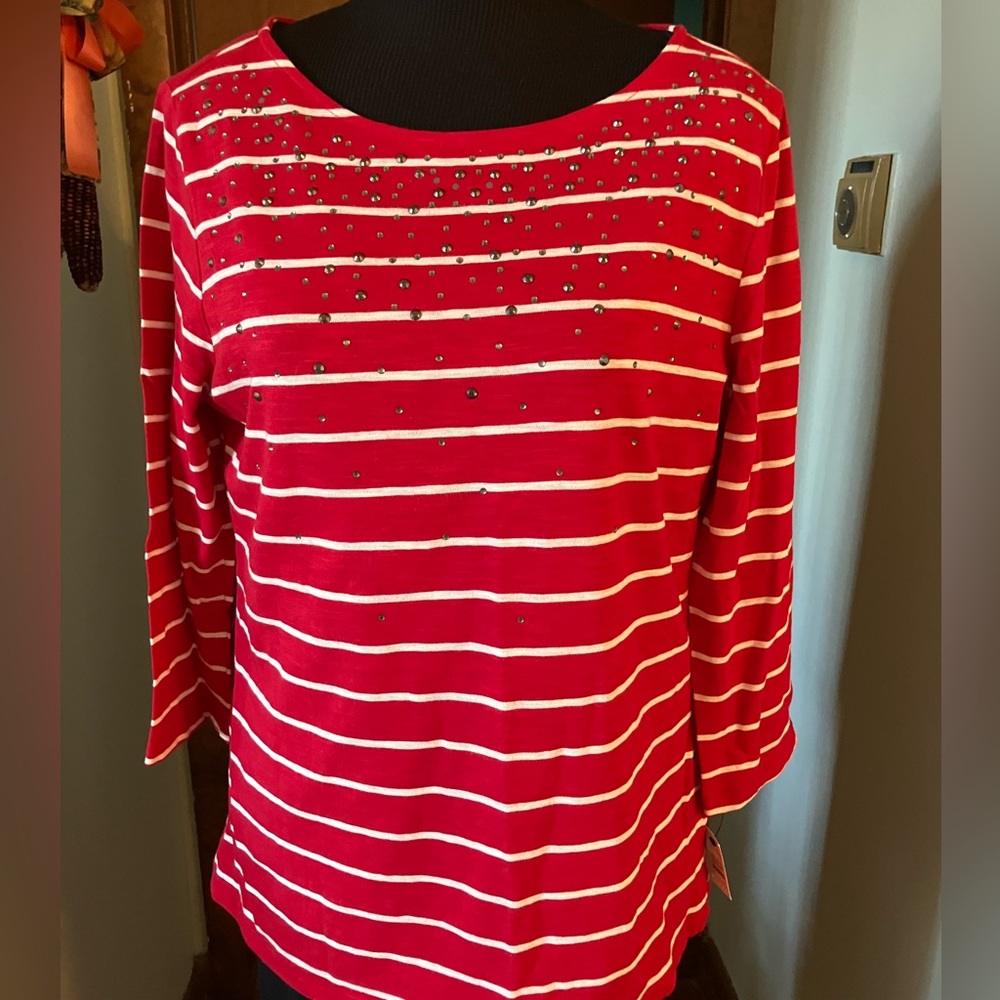 Talbots Red and White Striped Festive Sparkly Nautical Tee Size Large NWT